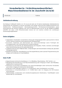 Pdf für Vorarbeiter/in / Schichtverantwortliche/r Maschinenbediener/in im Zuschnitt (m/w/d)