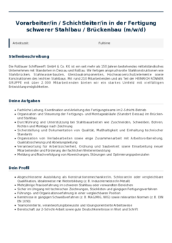 Pdf für Vorarbeiter/in / Schichtleiter/in in der Fertigung schwerer Stahlbau / Brückenbau (m/w/d)