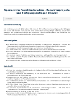 Pdf für Spezialist/in Projektkalkulation – Reparaturprojekte und Fertigungsanfragen (m/w/d)